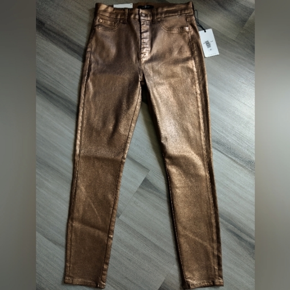 7 For All Mankind Metallic Gold High Waist Skinny Jeans - Picture 2 of 9